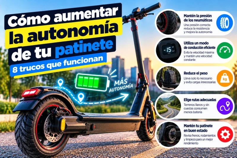 Cómo aumentar la autonomía de tu patinete: presión de neumáticos, modo de conducción eficiente, menos peso, rutas adecuadas y buen mantenimiento