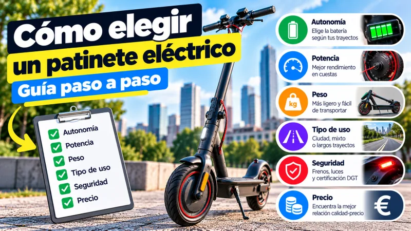 Cómo elegir un patinete eléctrico: guía paso a paso (autonomía, potencia, peso, tipo de uso, seguridad y precio)