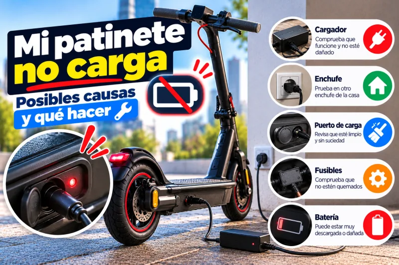 Mi patinete no carga: posibles causas y qué hacer (cargador, enchufe, puerto de carga, fusibles y batería)