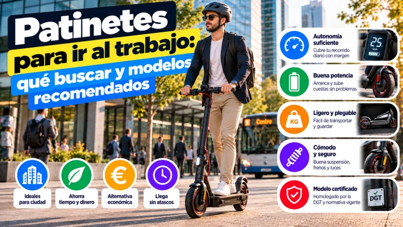 Patinetes para ir al trabajo: qué buscar y modelos recomendados (autonomía suficiente, buena potencia, ligero y plegable, cómodo y seguro, modelo certificado y casco)