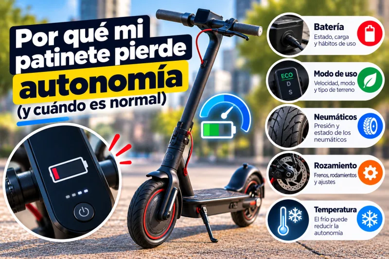 Por qué mi patinete pierde autonomía (y cuándo es normal): batería, modo de uso, neumáticos, rozamiento y temperatura